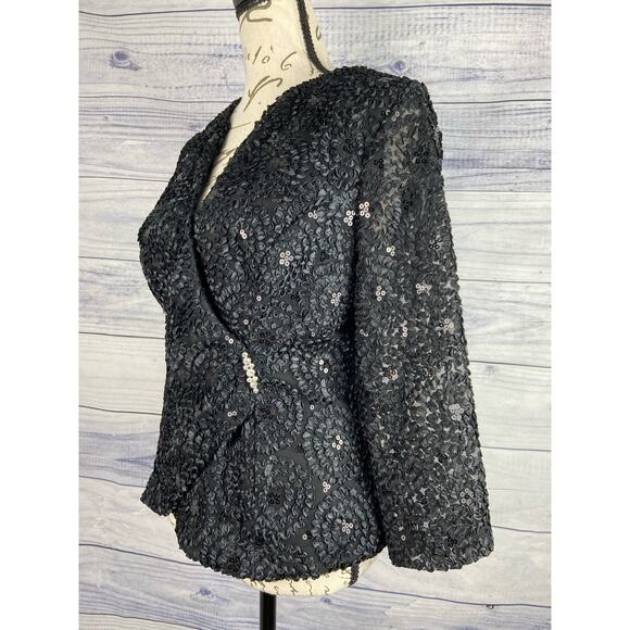 Vintage Helene Blake Sequin Wrap Evening Blouse Women 6 Lace Sleeve V Neck Black - Picture 1 of 15